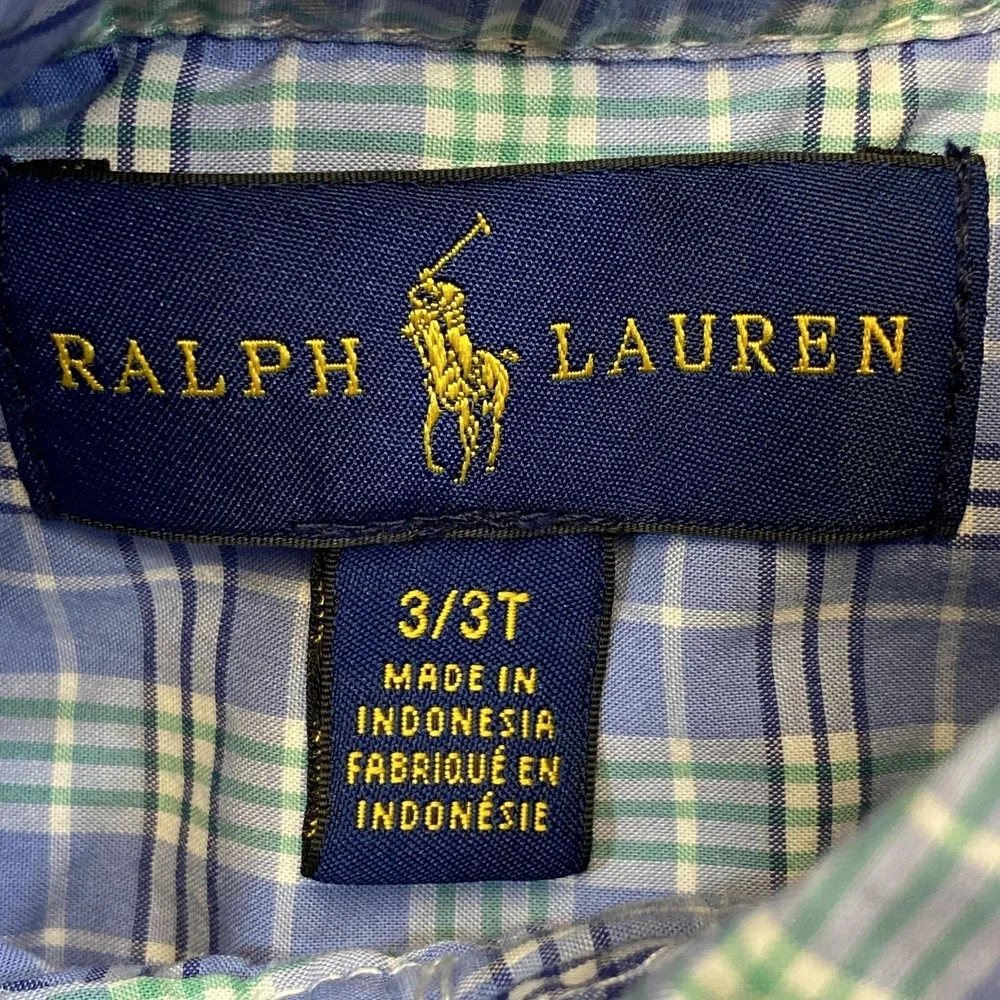 Ralph Lauren Dress Shirt‎ Boys 3T Blue Green Plaid Button Front Long Sleeve